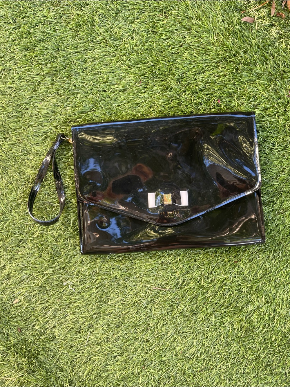 Ted Baker London Black Patent Wristlet Clutch with Bow Hardware